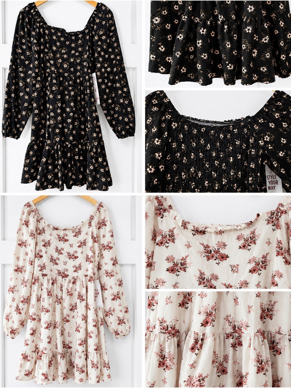 Two dresses Black and Cream Floral Long Sleeve Smocked Babydoll Mini Dress NWT